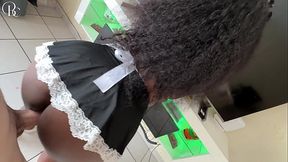 Ebony maid gives blowjob and gets fucked hard
