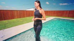 Jenny Takes a Dip in the Pool in Sexy Satin Pant Set