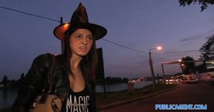 Halloween witch gets banged outdoor for some money