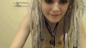 Quite slim and pretty amateur blond head pets both holes with toys