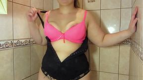 Plump beauty showers, shows legs, feet fetish. PAWG.