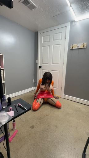 Captivating moment from "Velma riding her favorite chair with her huge cock and big tits"