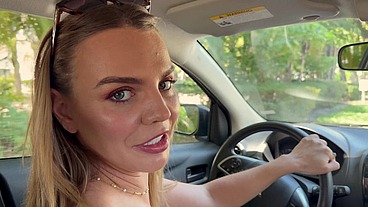 Crazy blonde MILF driver picks me up and inhales my balls in the car