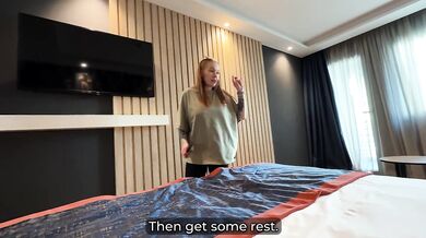 Blonde MILF chokes on stepson’s thick load in hotel spooning
