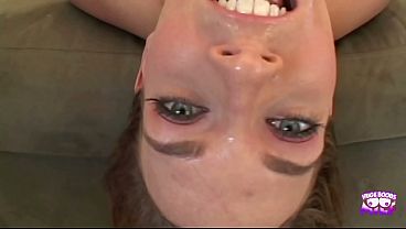 Brunette cutie strips and crawls into a room full of men horny for face fucking