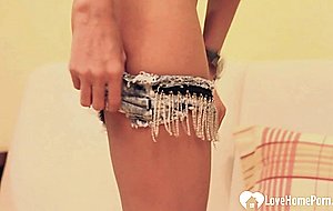 Skinny beauty strips and fucks in various positions