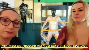 A SUB MUMMIFIED ON A PILLORY IS GETTING EXCITED BY COCK AND NIPPLES TEASING ENGLISH MOBILE VERSION