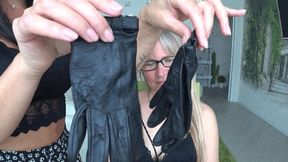 Leather gloves OVER Victoria mouth and on her neck 3 d