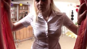 German flaxen-haired slut gets banged on a bar stool