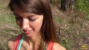 Tall blonde indulges in a rough outdoor assfuck