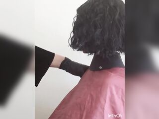 Exposed Black sex doll ladyboy barberette haircutting cape play pleasure short haircut