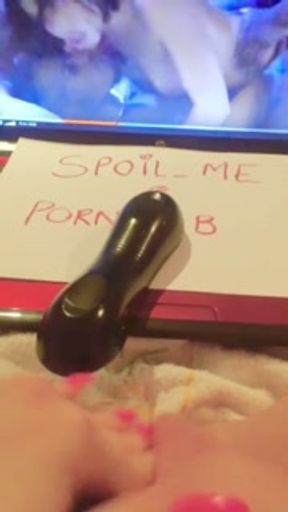 Teen fucks her tight pussy with tv remote and squirts while watching bbc gangbang porn