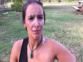 Hot blonde chick's face covered in sticky white love juice