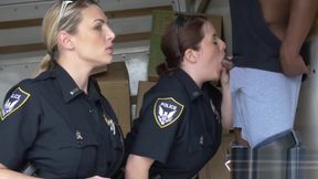 Perverted milf cops make suspect bang their cunts inside moving truck