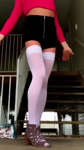 Slutty Public Sissy Outside in High Heels and Thigh Highs