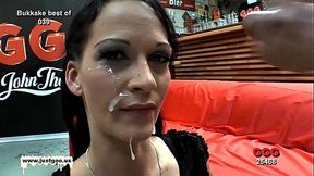 Milf Aymie takes on a German bukkake and enjoys a cumshot facial