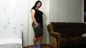 A mature BBW strips and fucks with a dildo on the floor &mdash;  on a chair &mdash;  and on a table. Milf shakes big natural tits and masturbates her shaved cunt. Amateur.