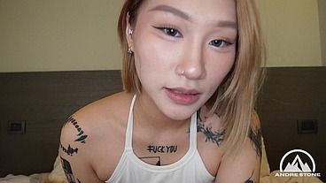Tatted Taiwanese Hottie Swaiill Ahegaos & Cums on Huge American Cock