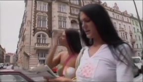 Two sexy brunette co-eds are joined by three dudes for a fuckfest