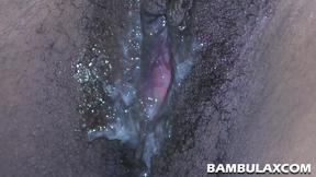 ”Black short-haired cunt gets white meat & cum inside”