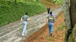 Just three savage beasts ravaging a helpless redhead's juicy body in the forest