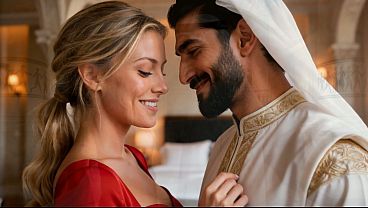A wealthy Arab man offers money to a beautiful 18-year-old blonde for sex. (AI-generated video)