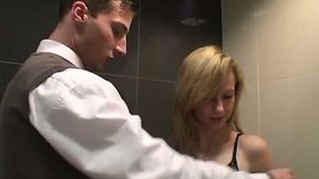 Lovely blond chick gives a head in WC in the mall