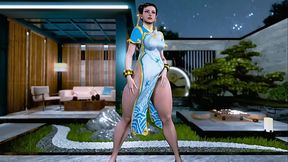 Thick enticing Chun Li poses solo in a revealing dress without panties