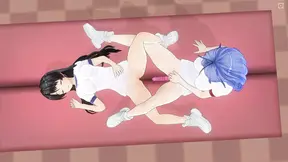 Two lesbian students share a dildo in the locker room