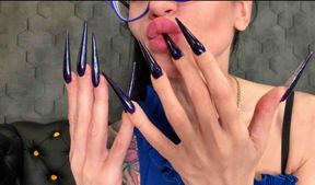 Click for gif
DARK blue long nails, sharp stilettos, long fingers and Leg Skin scratching