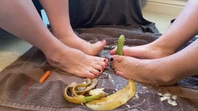 Scarlett Kage and female partner in Foot Food Fight- cucumber clip - sensual foot play, foot fetish, lesbian, food crushing, toes, polished toes, wet and messy MOV