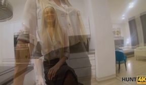 hunt4k. chick is white shirt and stockings is hammered by hubbys client