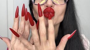 Long RED nails, fingers sucking, red lips and HOT handjobs