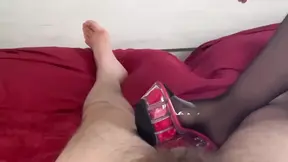 Saw and Blowjob: Cock Masturbation with Transparent Heel Shoe POV