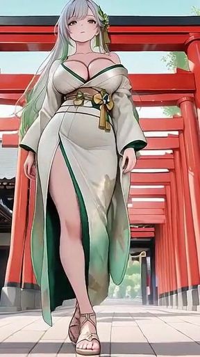 Silver-haired Shrine Maiden Secrets! Languidly Reclining in a Red Corridor, Her Bare Shoulders and Lush Thighs Exposed