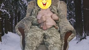 Ukrainian soldier jerks off in the winter forest. Big cock!