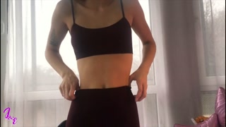 Student stretching in yoga pants and fingering her pussy