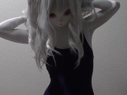 スクール水着の女装白猫が電マで着たまま射精❤