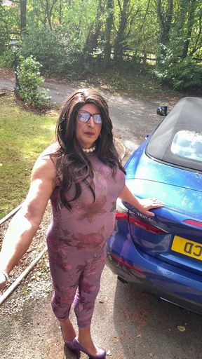 Sexy Crossdresser Kellycd2022 in Purple Catsuit and Heels Outdoors