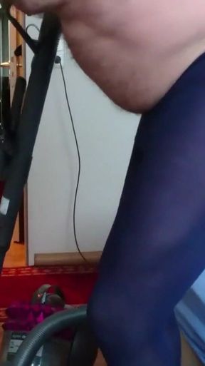 Vacuum Cleaning in Blue Fine Pantyhose