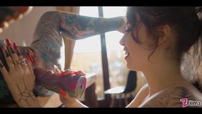 Hot tattoo girl Eden Ivy gets anal fucked by a porn star and cums on her pussy tattoo