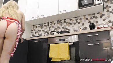 Wife’s ignored hard cock tease in kitchen got him leaking on the counter