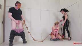 BDSM FFM 3some slave sucks doms meat