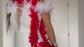 Elegant White Dress Red Feather Boa High Heels Tape Gag Over Painted Lips Posing Photoshoot