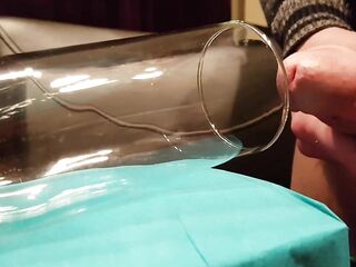 Great view of huge jizz flow explosion into glas from big perfect mushroom head ccuckold schlong