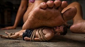 Tied up in Rope Bondage for Giantess's Dirty Feet