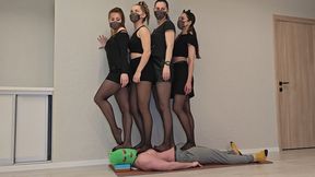 Multitrampling training #38 (Full): hard pantyhose trampling & ignoring tap-outs & throat crushing & merciless jumping on men
