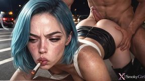 a blue-haired slut asked me for a cigarette in the parking lot. i gave her my cigarette and...my huge hard cock, and she sucked it like candy!! [ai]