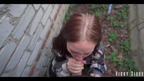 Real Fast Risky Blowjob Behind the Garages. Cummed Mouth Full and Made Her Swallow