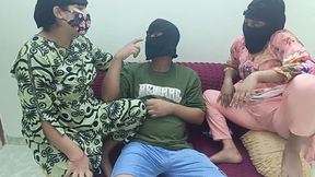 Two female friends call over their stepbrother and have sex with him.THREESOME FUCKING.